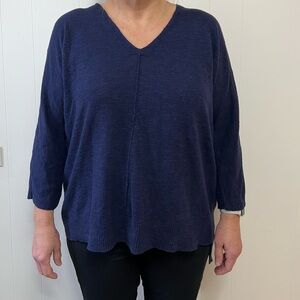 Eileen Fisher Organic Linen Cotton Slub V Neck Navy Blue Indigo Tunic Sweater L